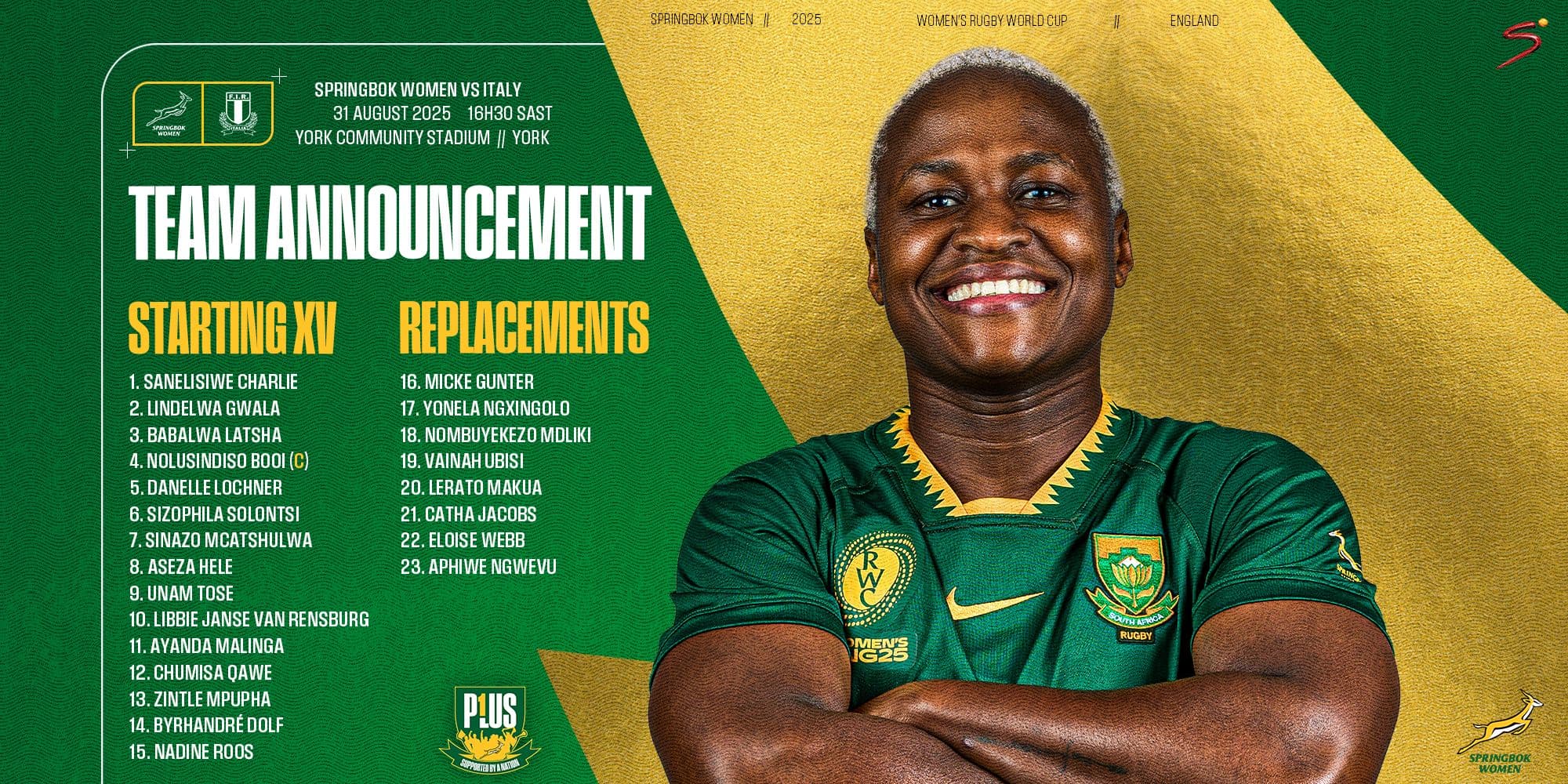 Roos moves to fullback as Tose starts against Italy