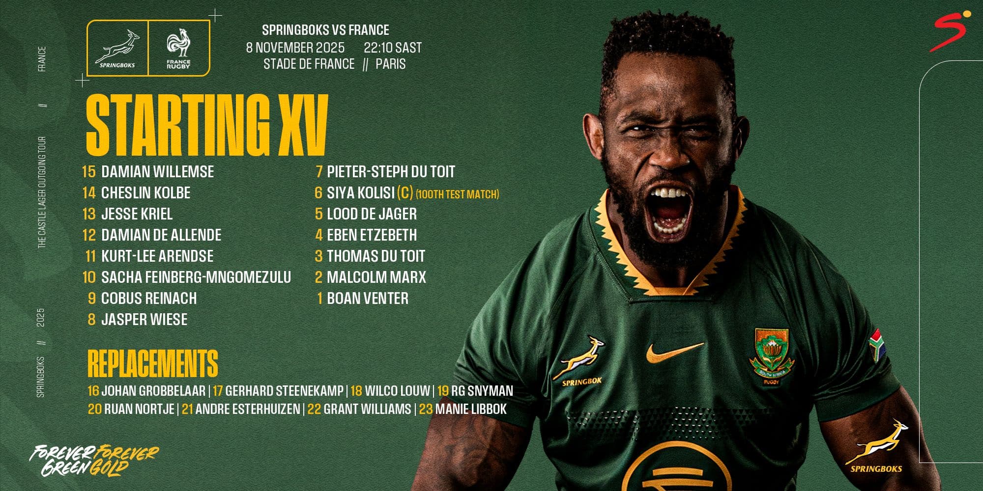 Kolisi celebrates 100 as Erasmus makes switches for France showdown