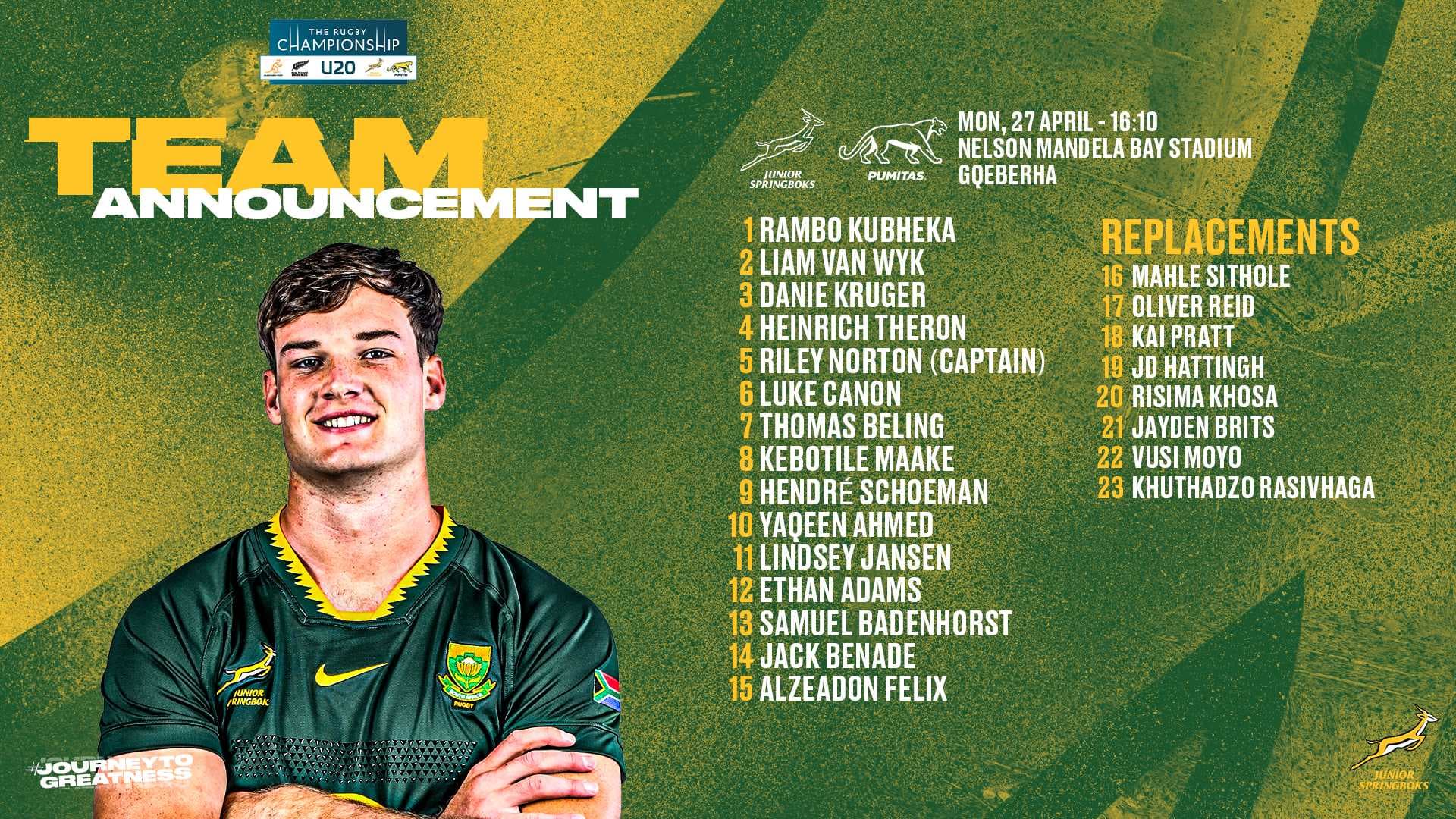 Norton to lead Junior Boks against physical Los Pumitas 
