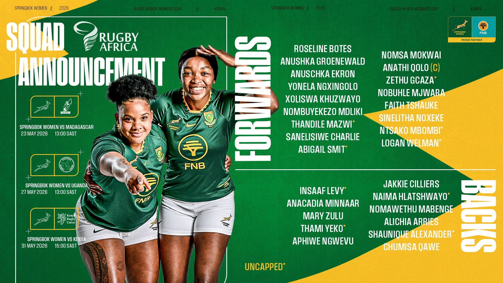 Qolo to lead Springbok Women to Rugby Africa Women’s Cup