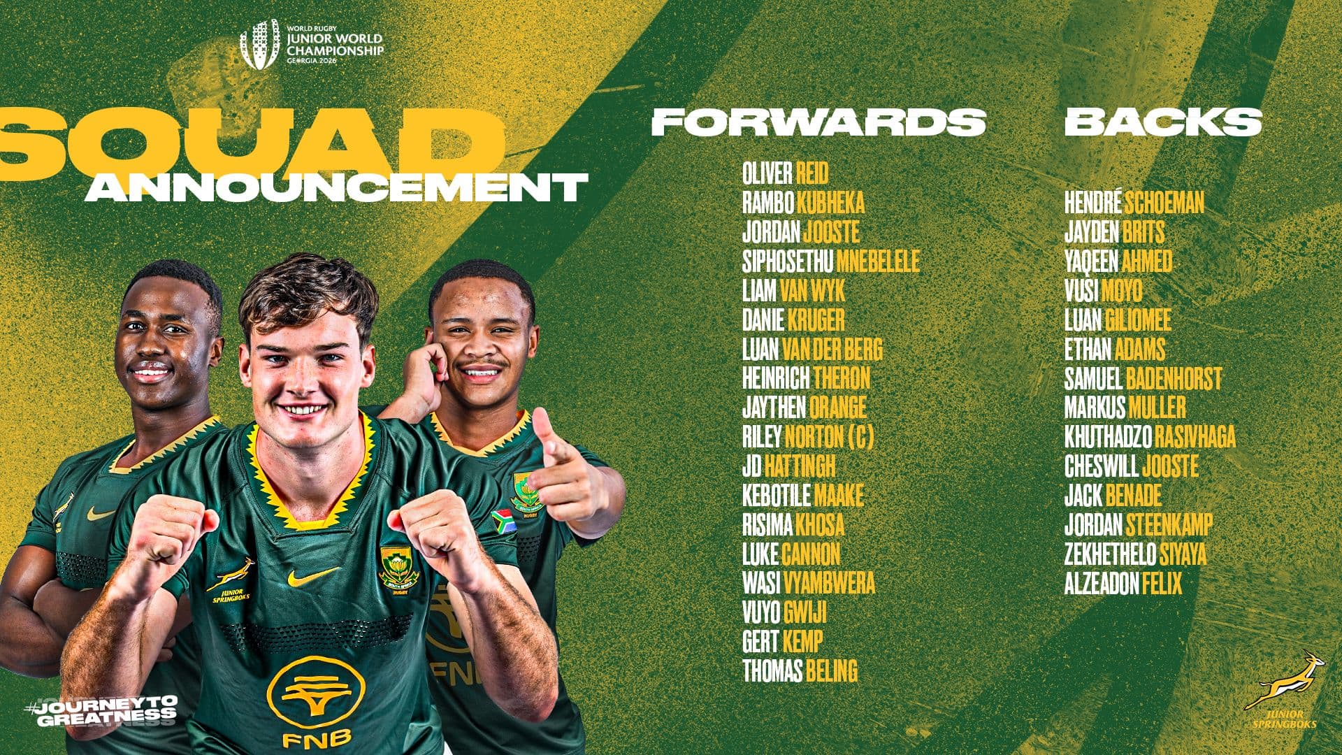 Junior Bok squad named for JWC title defence in Georgia