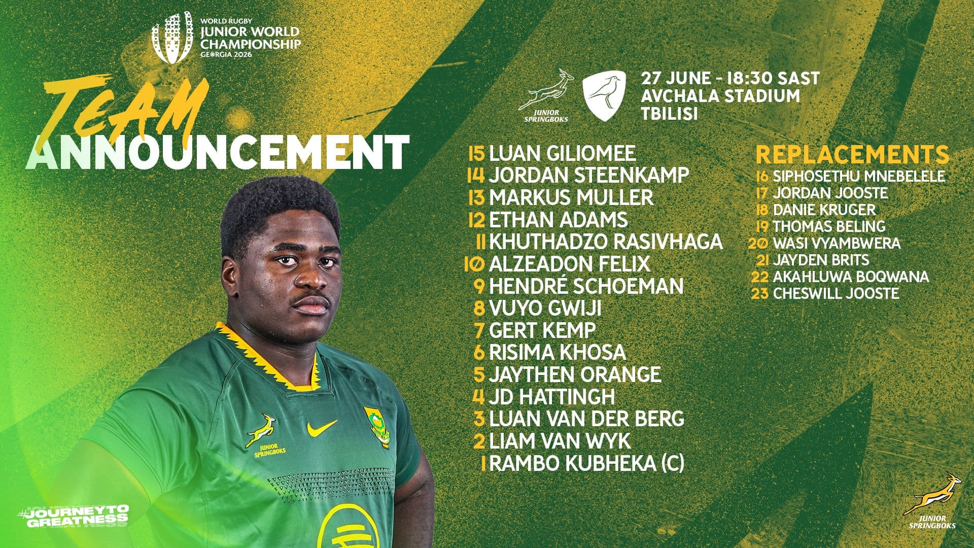 Kubheka to lead Junior Boks in JWC opener against Uruguay