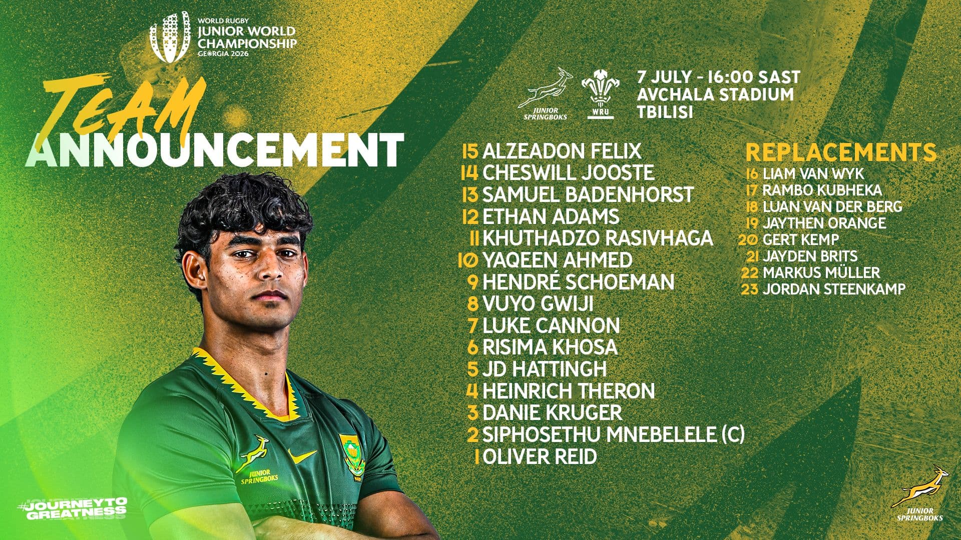 Junior Bok team tweaked for crucial pool battle with Wales