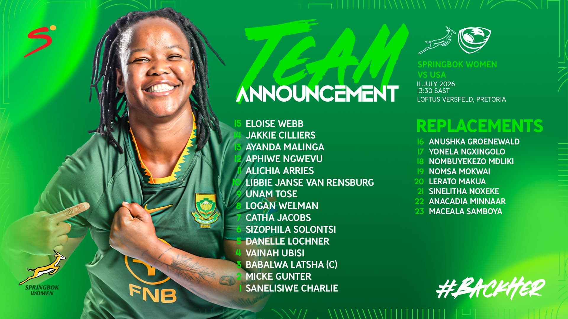 One change to Springbok Women starting team for Loftus showdown