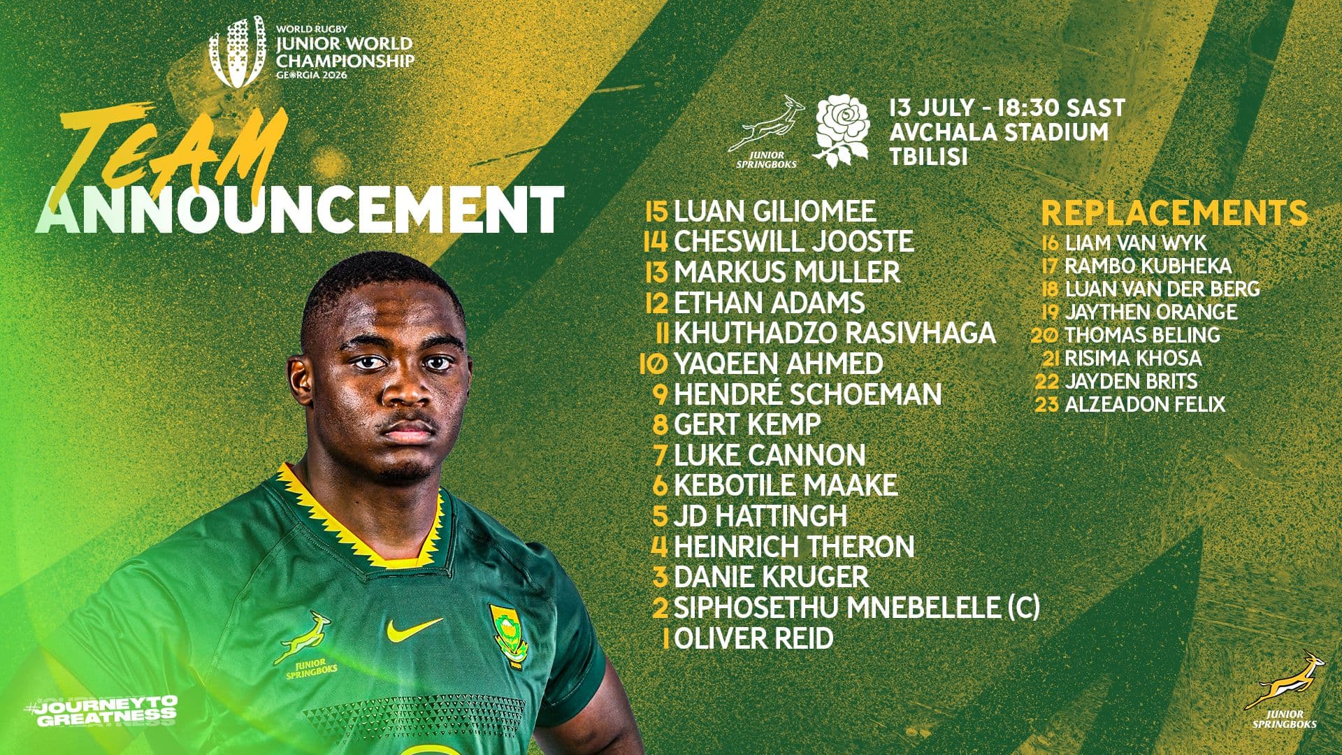 Junior Bok side named for JWC semi-final against England
