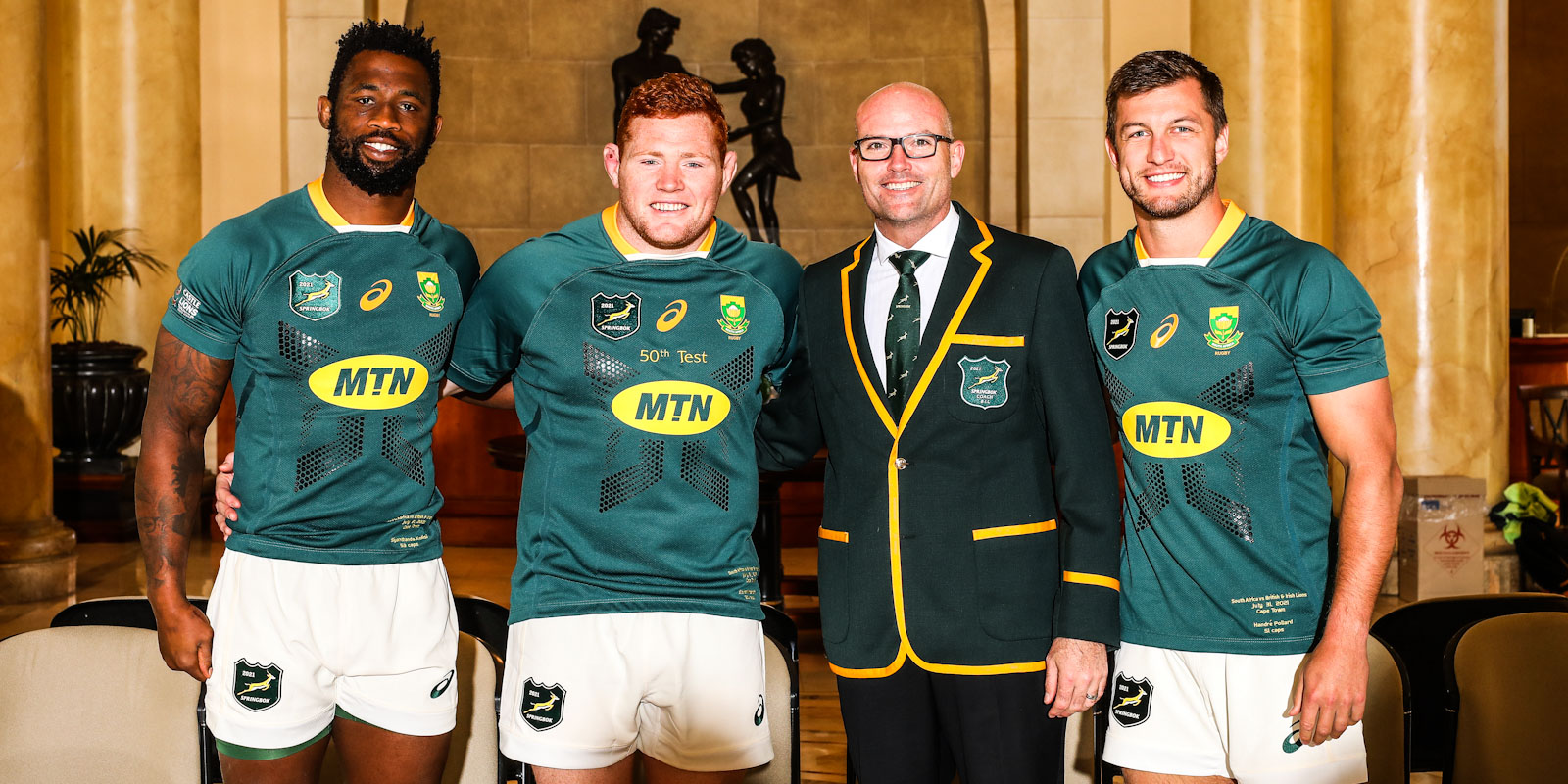 Fifty Springbok caps, with Siya Kolisi, Jacques Nienaber and Handre Pollard in 2021.