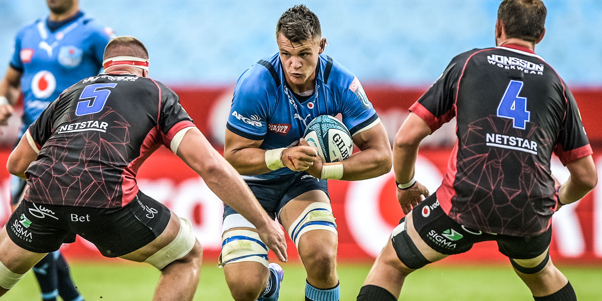 Barnstorming Vodacom Bulls No 8 Elrigh Louw in action against the Emirates Lions.