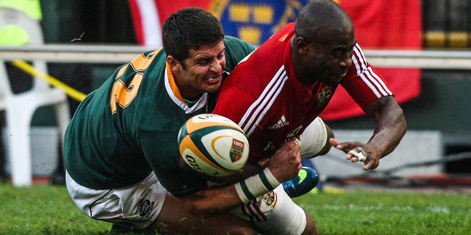 Steyn makes a try-saving tackle on Ugo Monye on Test debut against the British & Irish Lions in Durban in 2009.