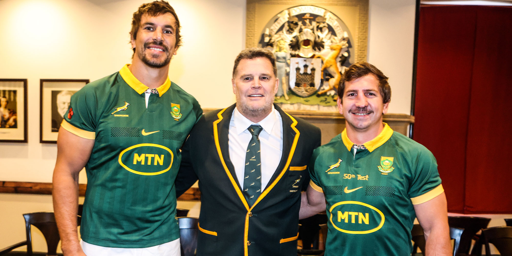 Kwagga Smith (right) with Eben Etzebeth and Bok coach Rassie Erasmus on the eve of his 50th Test for SA.