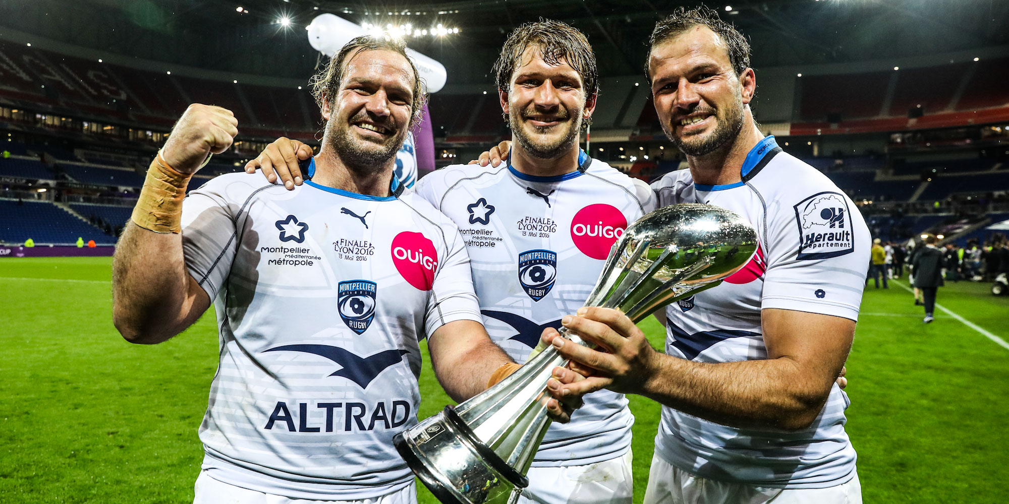Celebrating European success with Montpellier, with Frans Steyn in the middle.