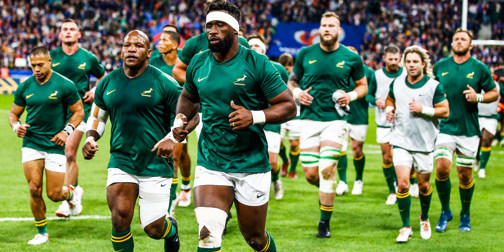 Siya Kolisi leads the Boks off the field after the warm-up before their RWC quarter-final against France.