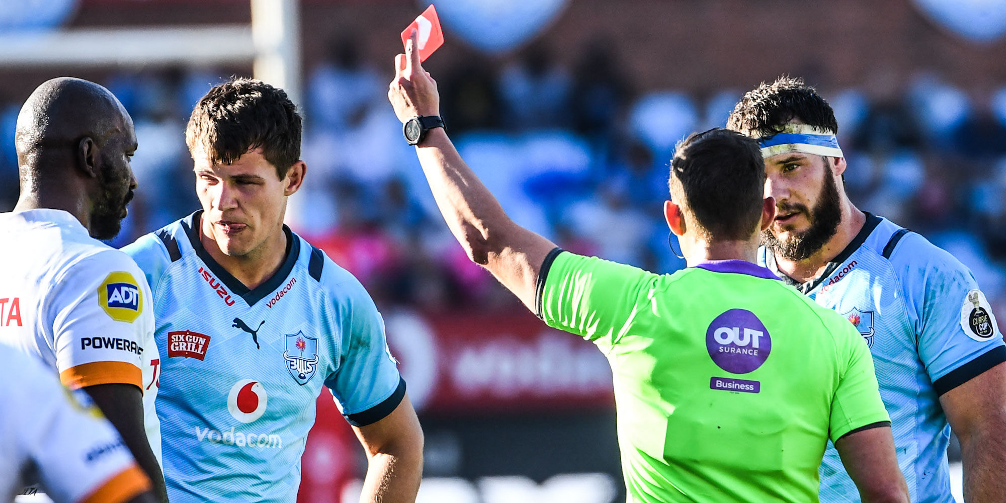 Elrigh Louw is shown a red card at Loftus Versfeld.