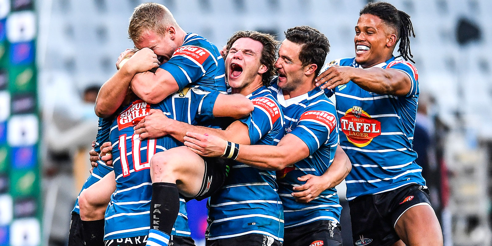 Windhoek Draught Griquas celebrate after beating DHL WP in Cape Town last season.
