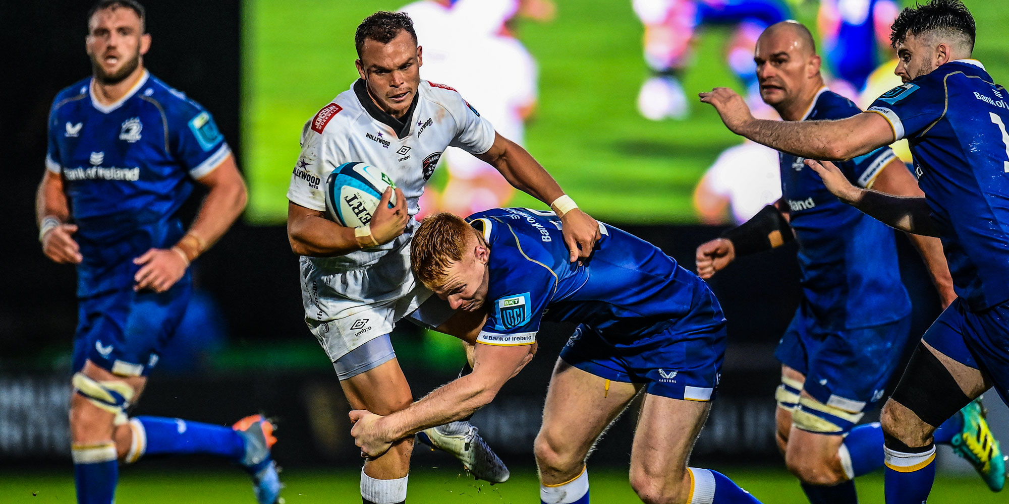 The Hollywoodbets Sharks' Curwin Bosch runs into strong Leinster defence.